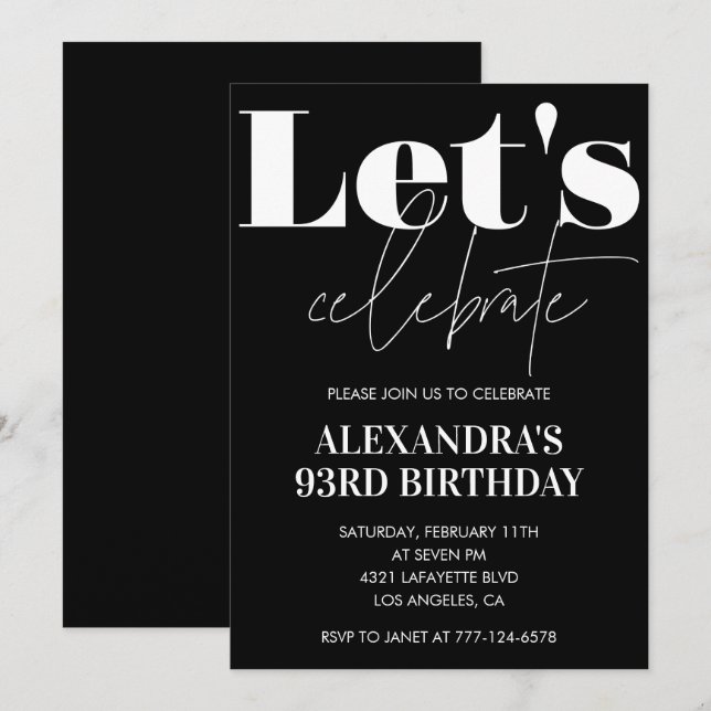 Elegant Black Bold Typography 93rd birthday Invitation (Front/Back)