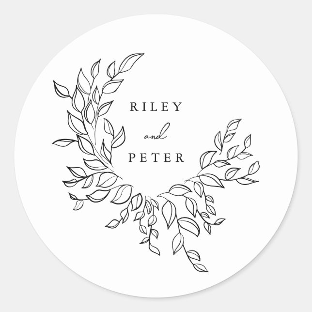 Elegant Black Botanical Crest Personalized Wedding Classic Round Sticker (Front)