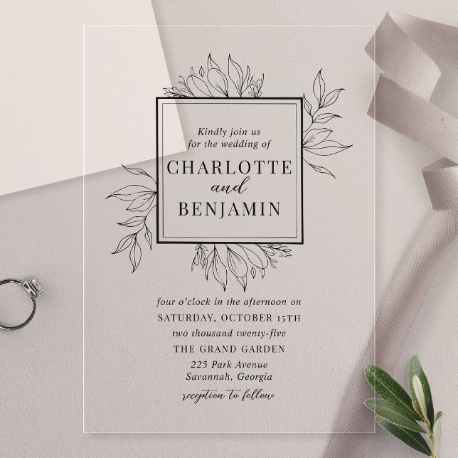 Elegant Black Botanical Frame Wedding Acrylic Invitations (Creator Uploaded)