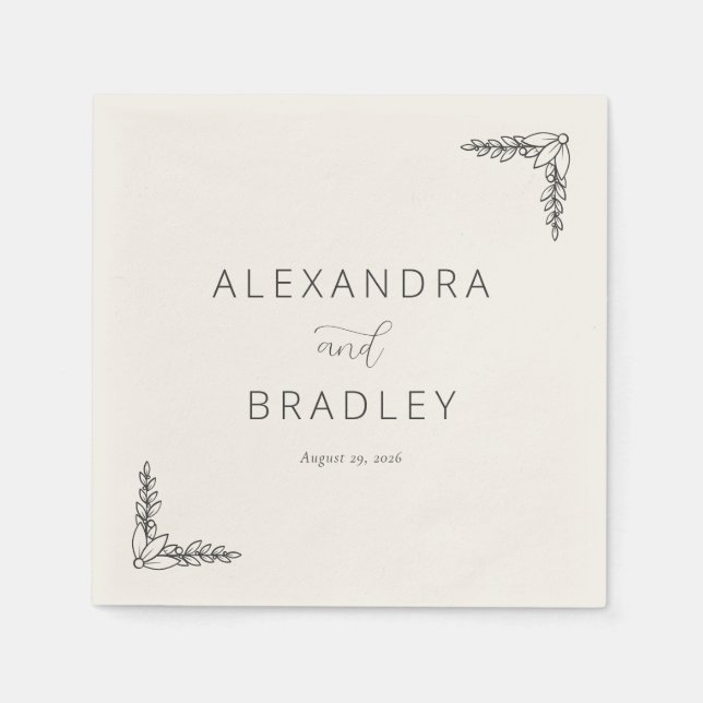 Elegant Black Botanical Line Work Napkin (Front)