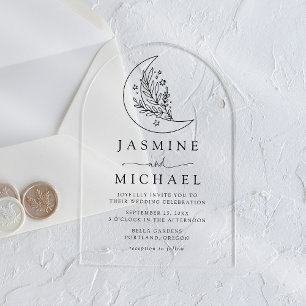 Elegant Black Botanical Moon and Stars Wedding Acrylic Invitations