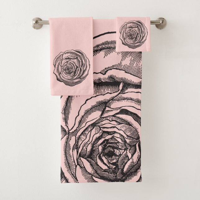 Elegant Black Botanical Rose on Blush Baby Pink Bath Towel Set (Insitu)