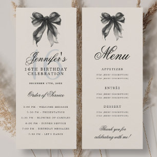 Elegant Black Bow 16th Birthday Party Program Menu