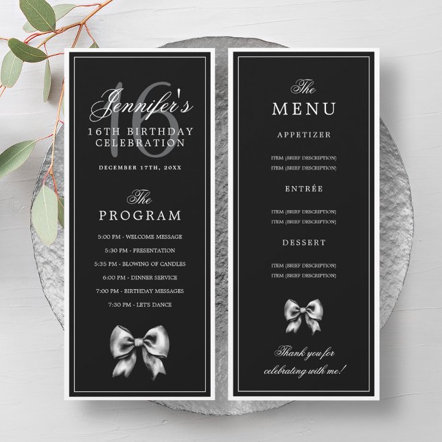 Elegant Black Bow 16th Birthday Program Menu  (Elegant Black Bow 16th Birthday Program Menu )