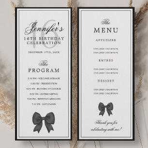 Elegant Black Bow 16th Birthday Program Menu 