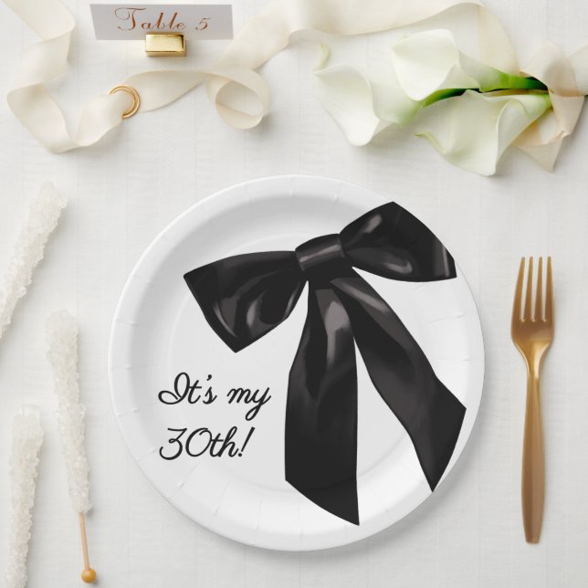 Elegant Black Bow 30th Birthday Paper Plates (Wedding)