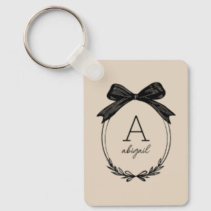 Elegant Black Bow Chic Coquette Beige Monogram Keychain