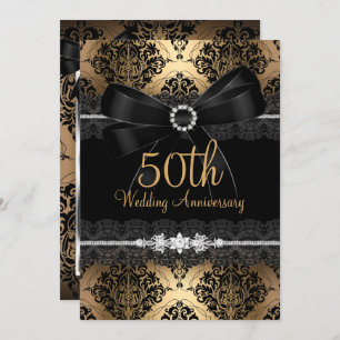 Elegant Black Bow Damask Gold 50th Anniversary 2 Invitation