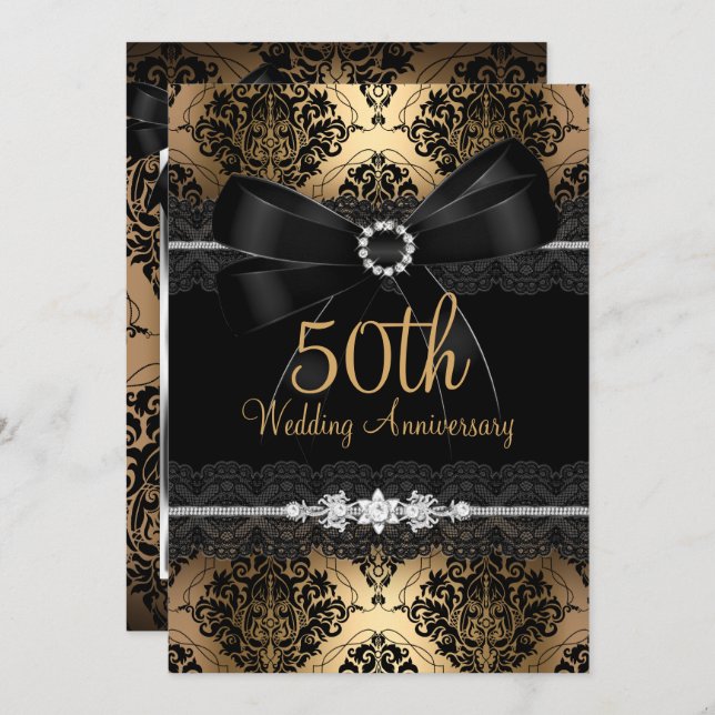 Elegant Black Bow & Damask Gold 50th Anniversary 2 Invitation (Front/Back)