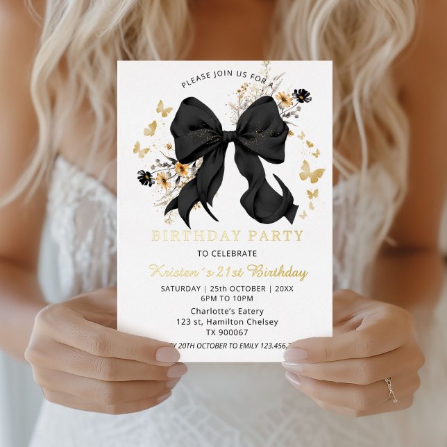 Elégant Black Bow Fleurs sauvages Invitation Or (Elegant black Bow Coquette 21st Birthday invitation)