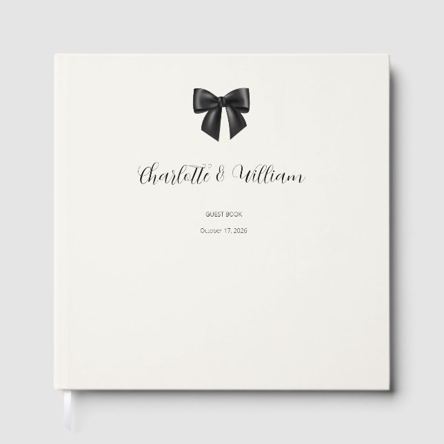 Elegant Black Bow Gold Foil Wedding Guest Book (Front)