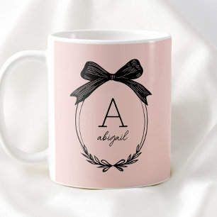 Elegant Black Bow Initial Chic Blush Pink Monogram Coffee Mug