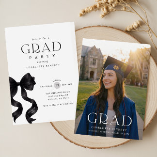 Elegant Black Bow Modern Photo Grad Party Invitation