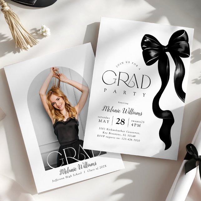 Elegant Black Bow Photo Grad Party Invitation (Creator Uploaded)