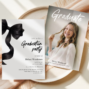 Elegant Black Bow Photo Graduation Party Invitation