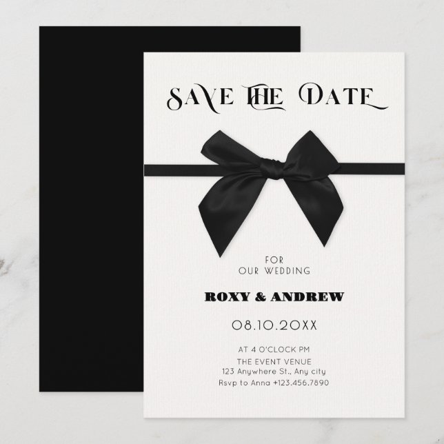 Elegant black bow wedding save the date (Front/Back)