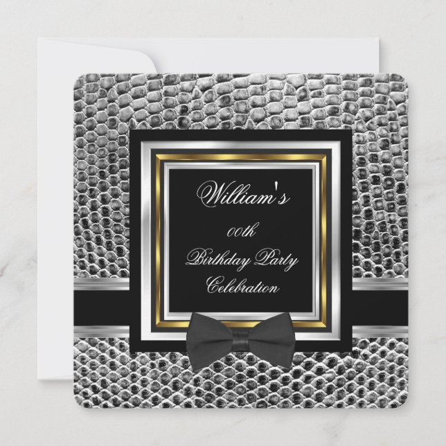Elegant Black Bowtie Gold Silver Birthday Party Invitation (Front)
