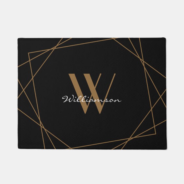 Elegant Black Brown Monogram Add Name Script Doormat (Front)