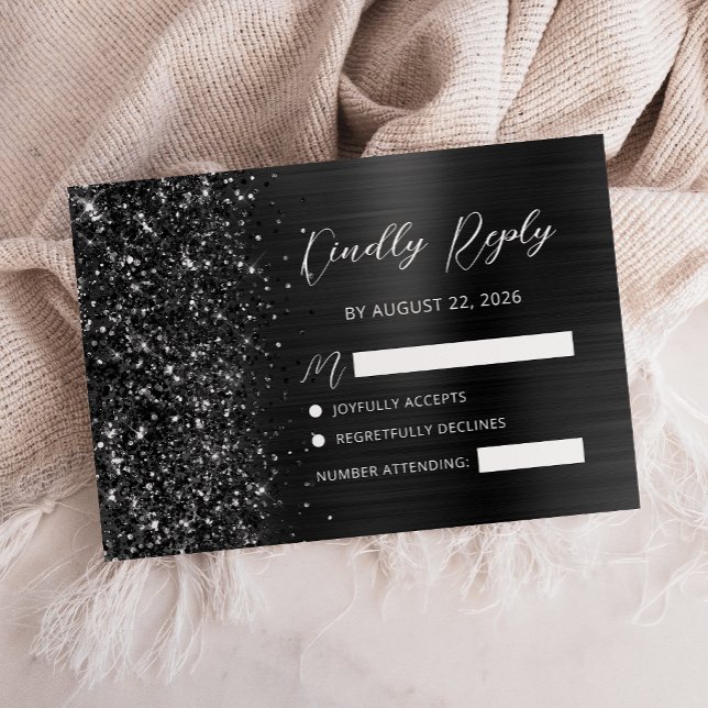Elegant Black Brushed Metal Glitter Script Wedding RSVP Card (Creator Uploaded)
