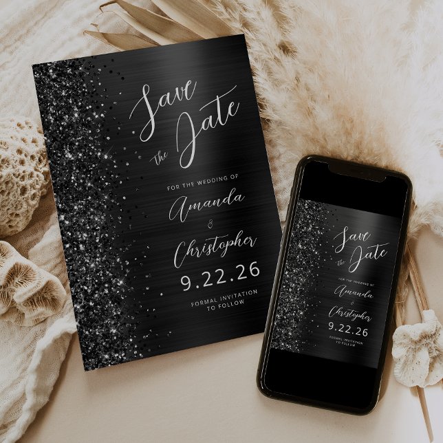 Elegant Black Brushed Metal Script Save the Date Announcement (Creator Uploaded)