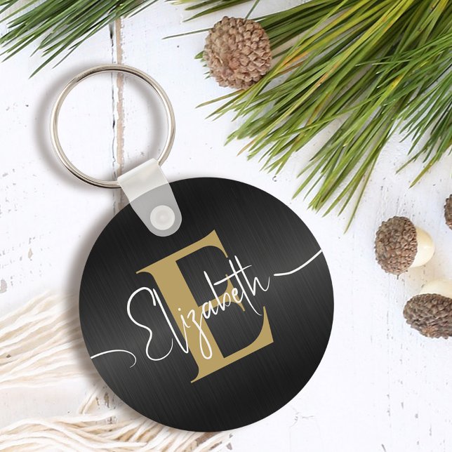 Elegant Black Brushed Metallic Gold Monogrammed Keychain (Creator Uploaded)