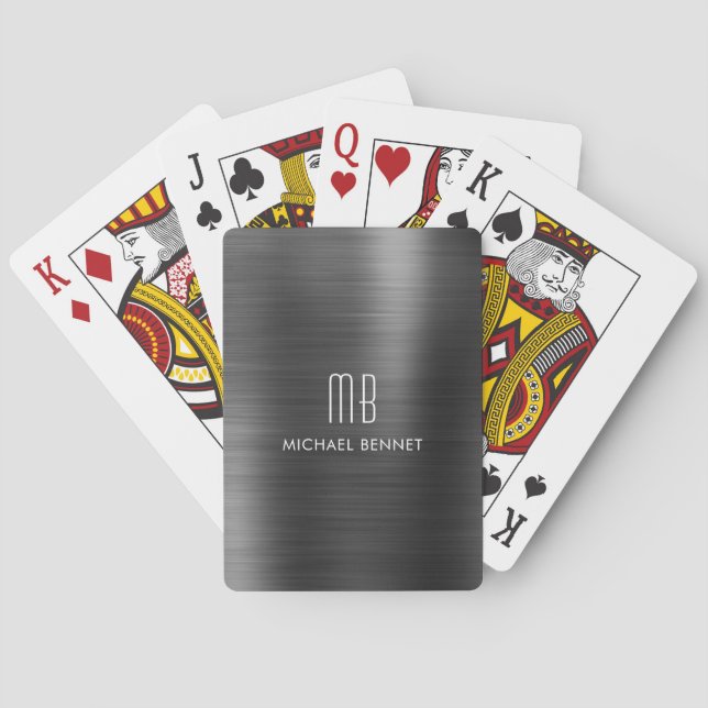 Elegant Black Brushed Metallic Monogram Name Playing Cards (Back)