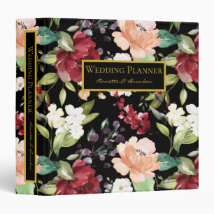 Elegant Black Burgundy Blush White Floral Pattern Binder
