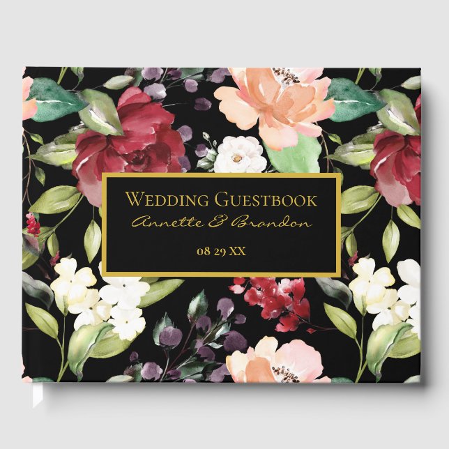 Elegant Black Burgundy Blush White Floral Pattern  Guest Book (Front)