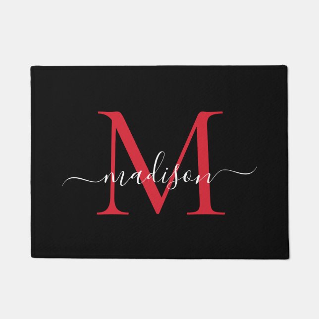Elegant Black Burgundy Custom Monogram Script Name Doormat (Front)