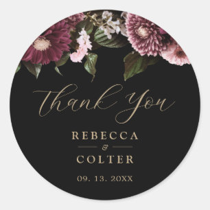 Elegant Black Burgundy Floral Wedding Classic Round Sticker