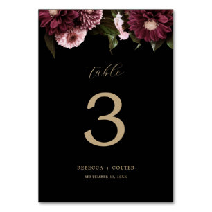 Elegant Black Burgundy Floral Wedding Table Number