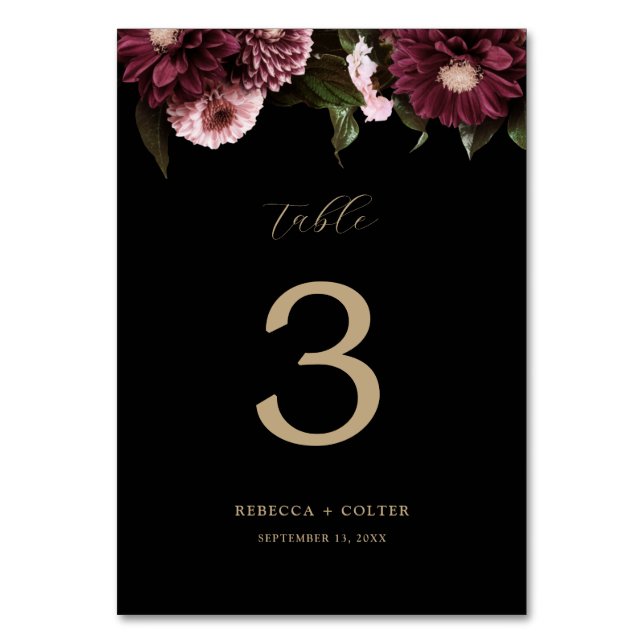 Elegant Black Burgundy Floral Wedding Table Number (Front)