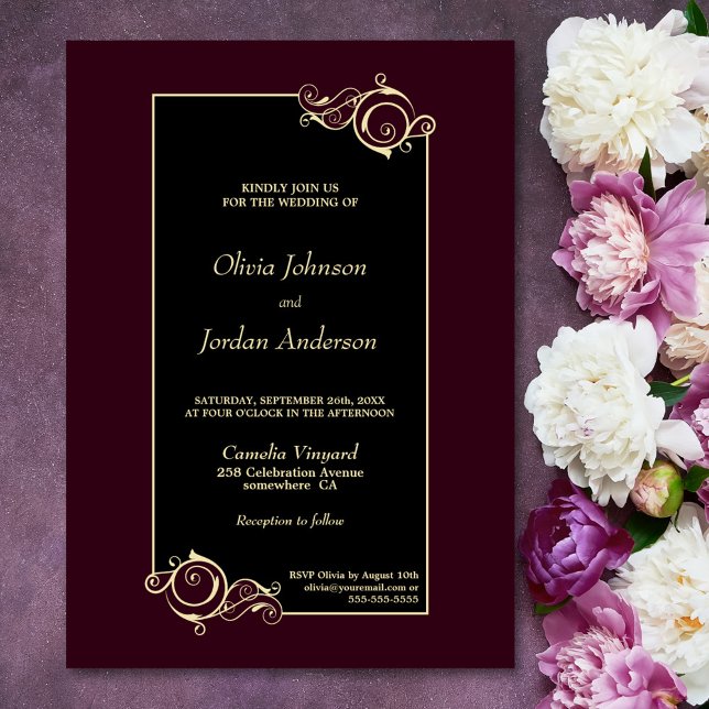 Elegant Black Burgundy Gold Wedding Invitation (Creator Uploaded)