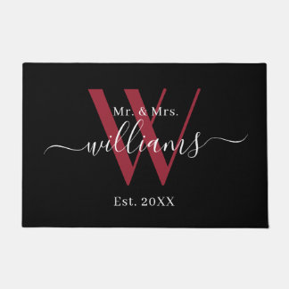 Elegant Black Burgundy Mr And Mrs Monogram Name Doormat