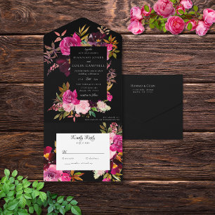 Elegant Black Burgundy Pink Floral Frame All In On One Invitation