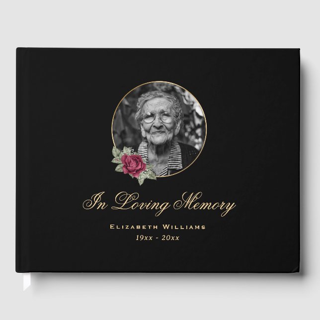 Elegant Black Burgundy Rose Floral Funeral Photo Guest Book (Front)