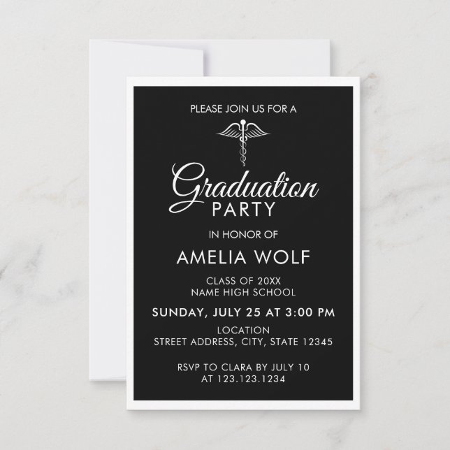Elegant Black Caduceus Pharmacist Graduation Party Invitation (Front)