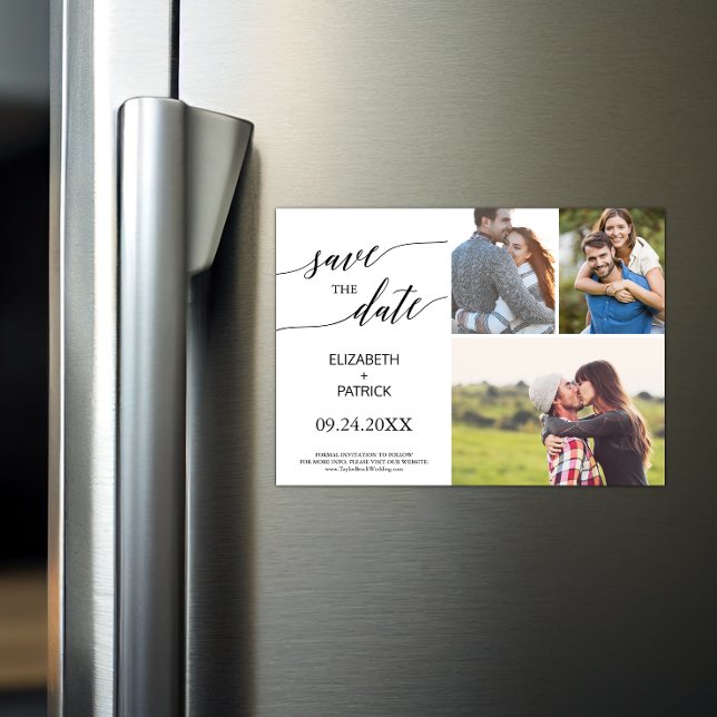 Elegant Black Calligraphy 3 Photo Save the Date Magnetic Invitation (Creator Uploaded)