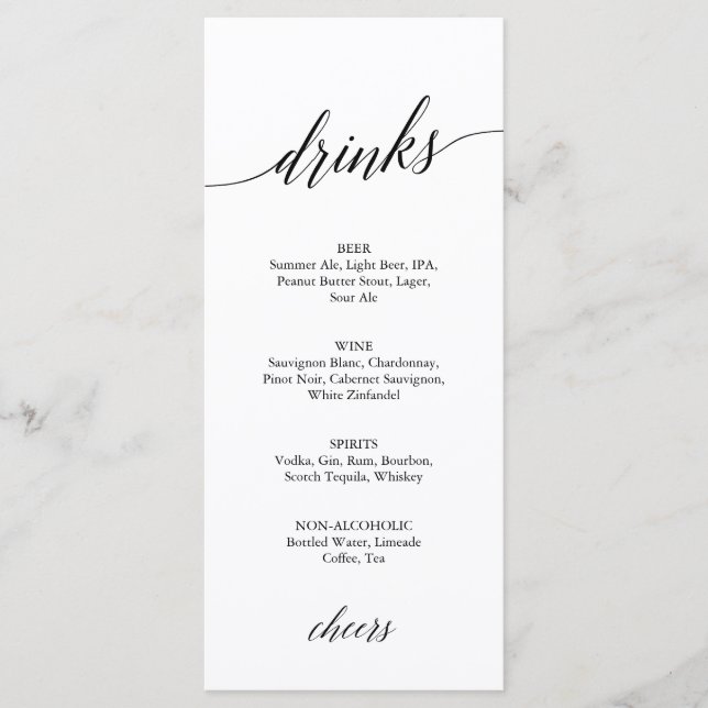 Elegant Black Calligraphy Drinks Menu Card (Front)