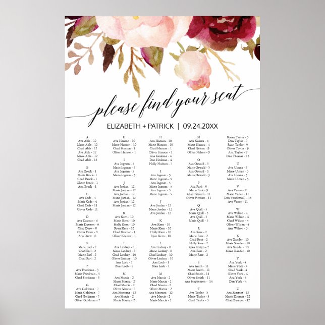 Elegant Black Calligraphy Floral Seating Chart (Front)