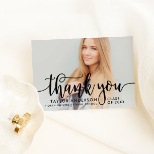 Elegant Black Calligraphy Graduation Photo Thank You Card