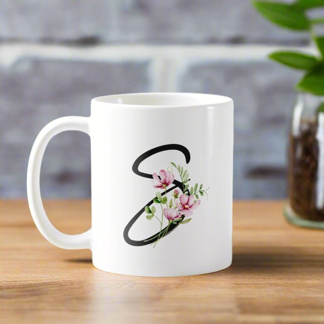 Elegant Black Calligraphy Letter "S" Floral  Coffee Mug (Creator Uploaded)