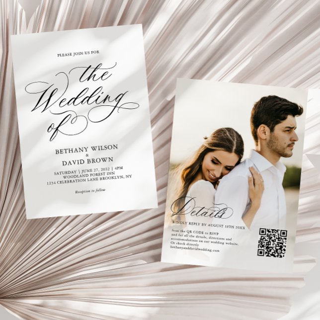 Elegant Black Calligraphy Photo QR Code Wedding Invitation (Creator Uploaded)