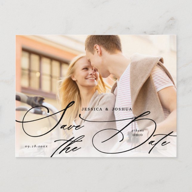 Elegant Black Calligraphy Save the Date Postcard (Front)