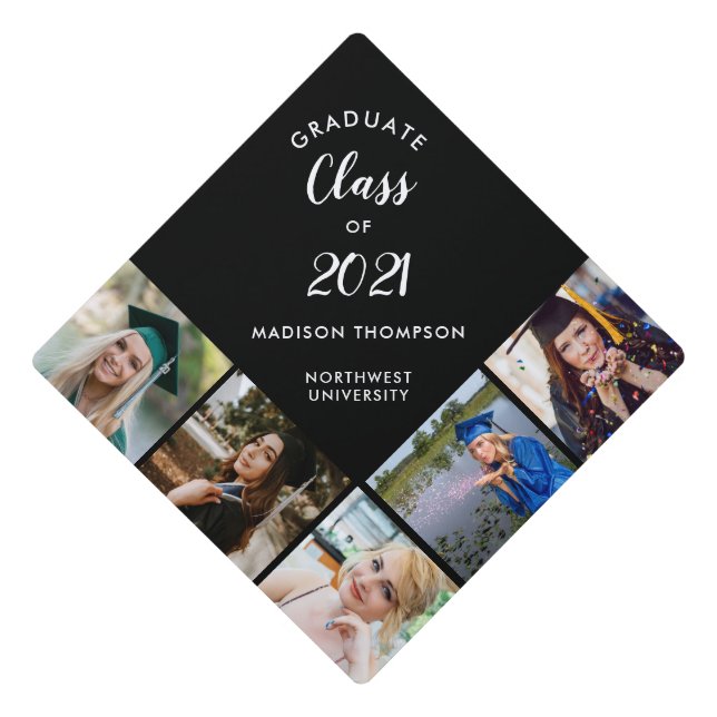 Elegant Black Calligraphy Script Custom Photo Graduation Cap Topper (Front)