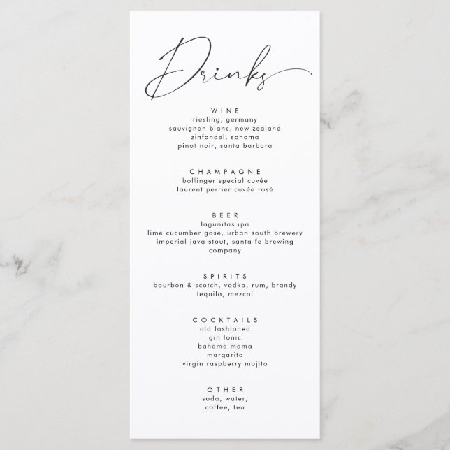 Elegant Black Calligraphy Script Wedding Drinks Menu (Front)