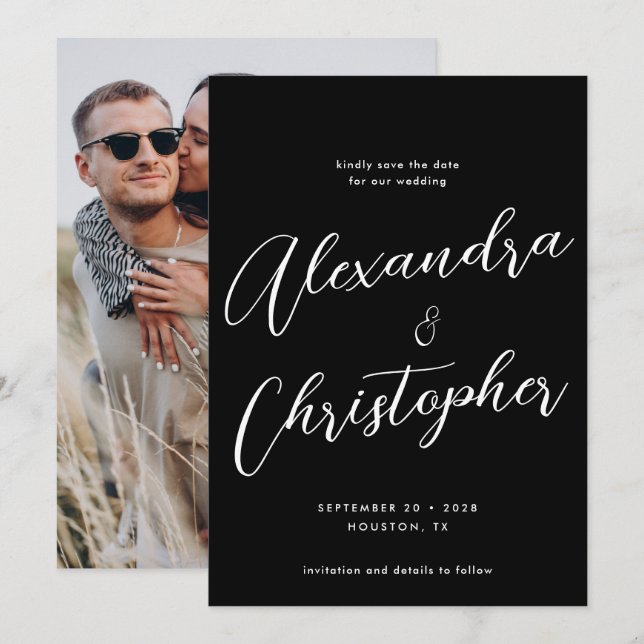 Elegant Black Calligraphy Script Wedding Photo Save The Date (Front/Back)