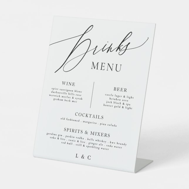 Elegant Black Calligraphy Wedding Bar Drink Menu Pedestal Sign (Front)