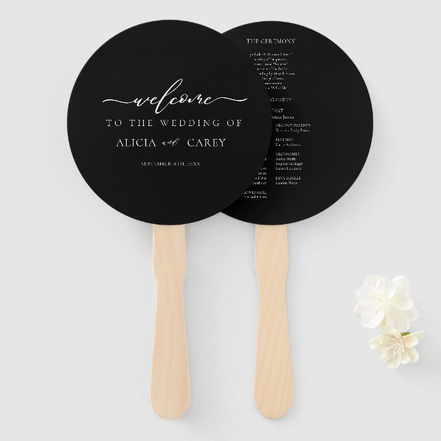 Elegant Black Calligraphy Wedding Program Hand Fan (Front and Back)