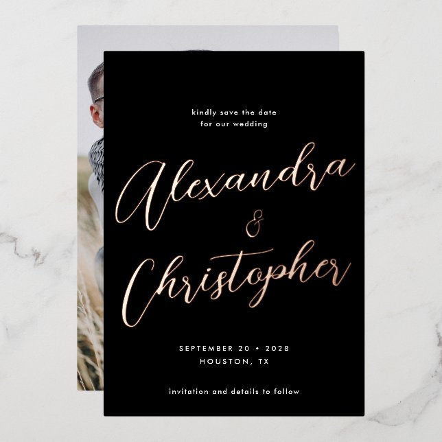 Elegant Black Calligraphy Wedding Save the Date (Front/Back)